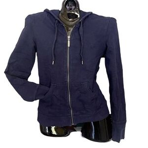 Norma Kamali Navy Blue Raw Hem Zip Hoodie Sweats Jacket